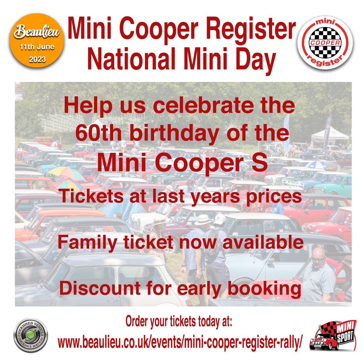 CooperRegister's tweet photo. For the early ticket grabbers, they are on sale now. More details soon. Follow the link below.
https://t.co/Heu2c3yaU8
#mcr #minisport #cooper #mini #minicooper #minicooperregister #minifun #motul #beaulieu #CVI https://t.co/Jc9i7gqgyH