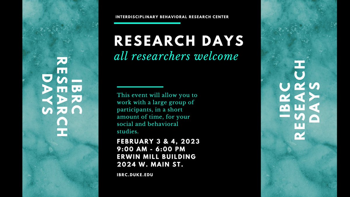 Duke SSRI (@dukessri) on Twitter photo The IBRC has an amazing opportunity this weekend for both researchers and participants! If you aren't familiar with the center, it's FREE to all <a href="/DukeU/">Duke University</a> faculty and students and is fully equipped with all the resources you need to complete your study. ibrc.duke.edu The IBRC has an amazing opportunity this weekend for both researchers and participants! If you aren't familiar with the center, it's FREE to all <a href="/DukeU/">Duke University</a> faculty and students and is fully equipped with all the resources you need to complete your study. ibrc.duke.edu