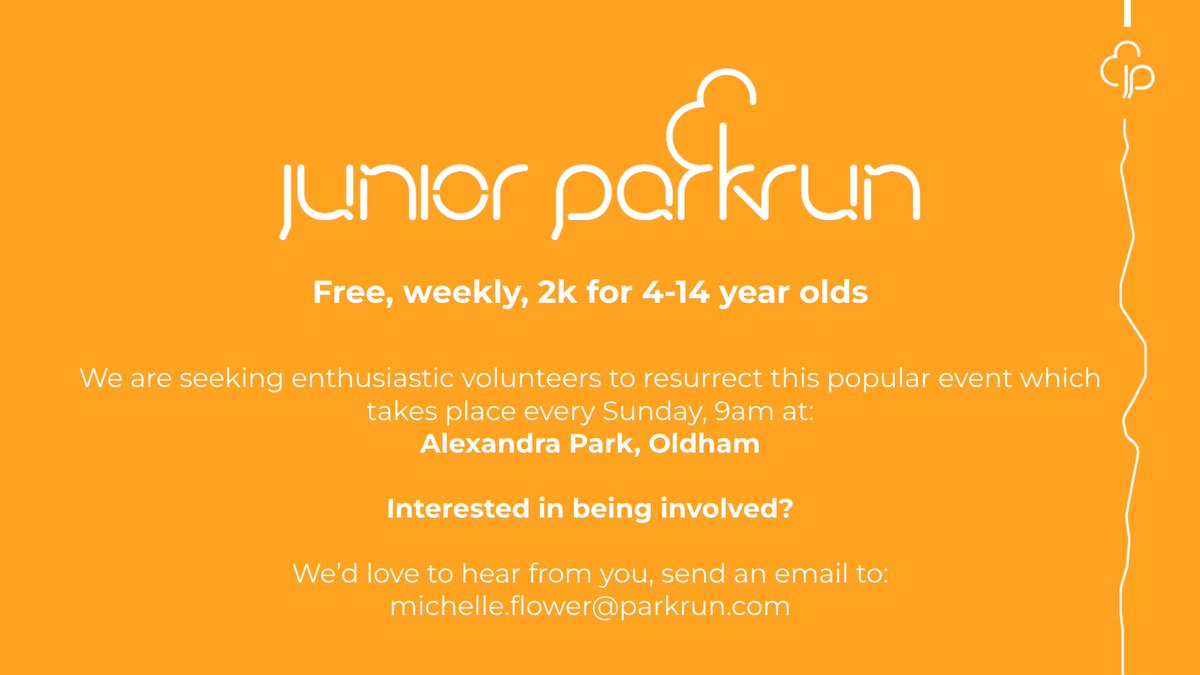 Hello #oldhamhour! We're getting close to having enough lovely volunteers to re-start junior #parkrun in Alexandra park in #oldham, but it would be ideal to have a few more. Please share if you know anyone who'd like to have fun on Sunday mornings! No special skills required.