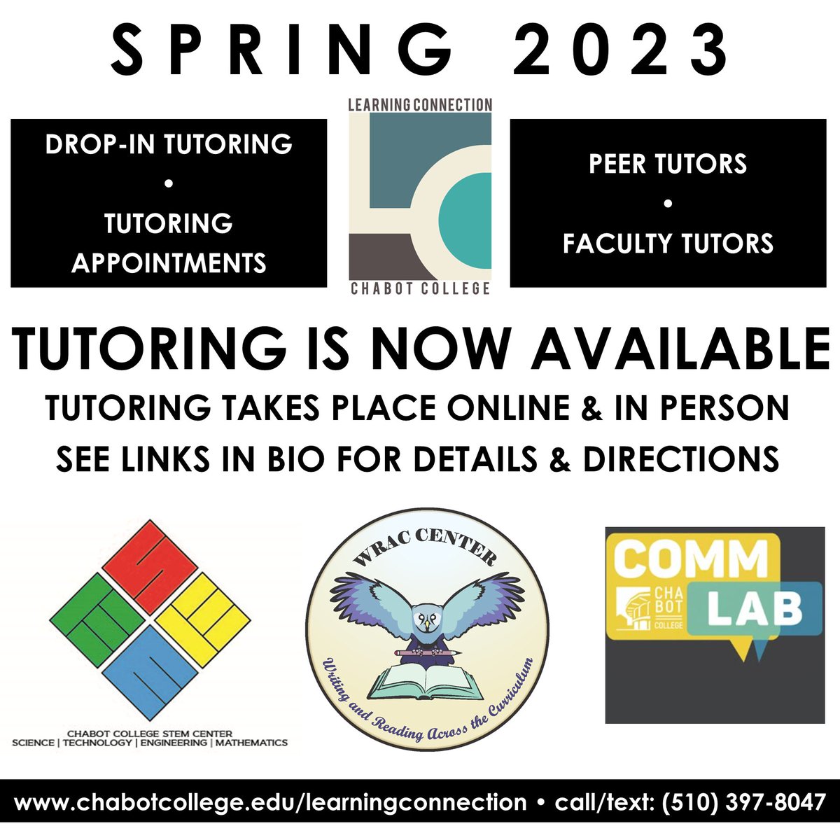 Chabot_LC's tweet image. Tutoring has started for the Spring Semester!

Check our LinkTree for details!

#chabotcollegelearningconnection #chabotlearningconnection #learningconnection #chabotcollegetutoring #chabottutoring #chabotcollege #chabot