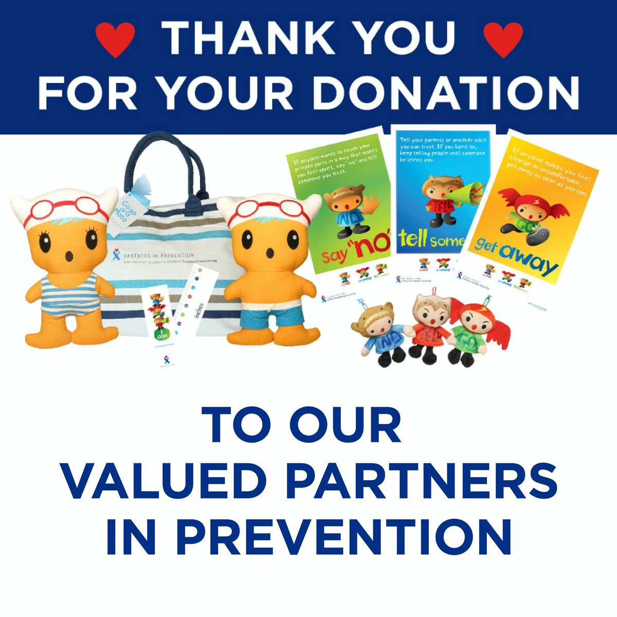 Thank you to our Valued Partners, who have given generously to Partners in Prevention! Your gift will pay for one of our #SafetyAwarenessEducation Kits—filled with materials that help kids learn to stay safe! To donate, visit partnersinprevention.org/donate/#thanky… #sponsorship #donate