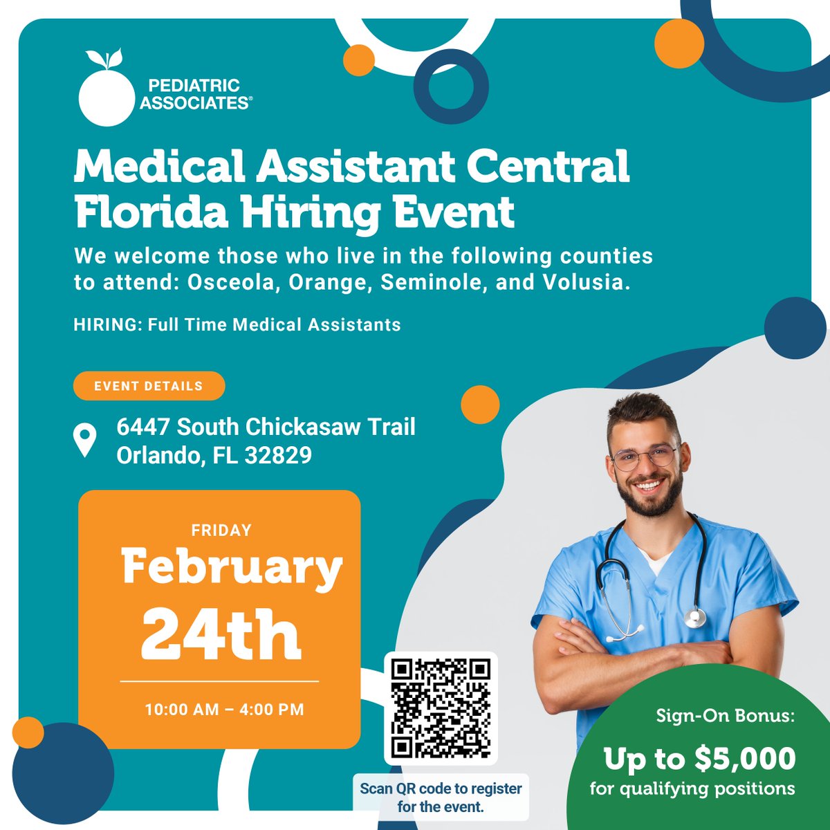 🩺We welcome anyone in the Orlando area (Osceola, Orange, Seminole and Volusia counties) to attend our Medical Assistant Central Florid Hiring Event on Friday, February 24th from 10:00am-4:00pm ET!🩺

📍6447 South Chickasaw Trail Orlando, FL 32829
