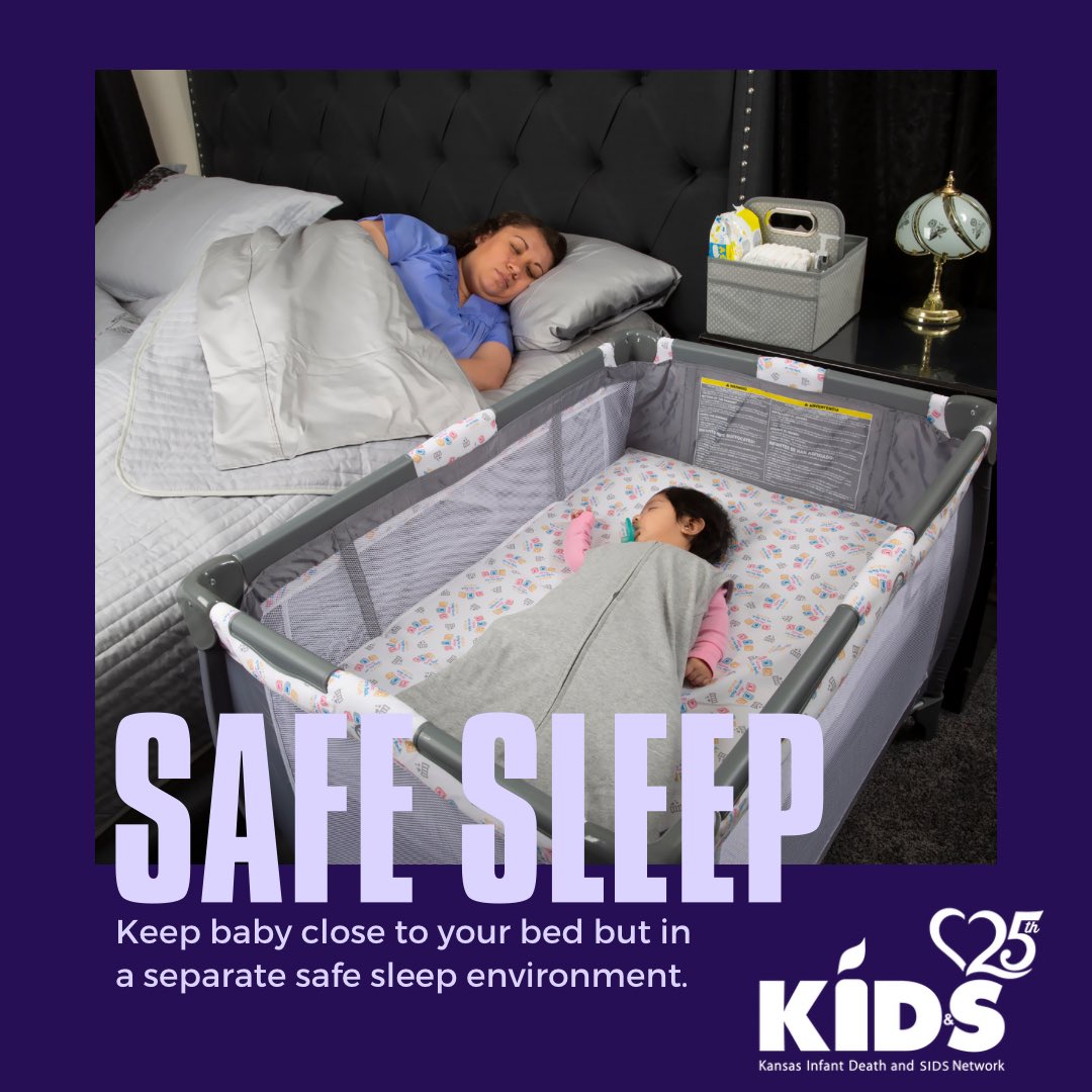 KIDSNetworkKS's tweet photo. Shared Room, Separate Bed: The safest place for your baby to sleep is in the room with you, but not in your bed. #kidsnetworkks #safesleep #reduceinfantmortality #stillbirthawareness #miscarriageawareness #SIDSawareness https://t.co/ay3icejjob