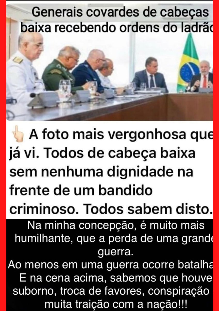 Distopia1984BR's tweet photo. Generais Covardes Recebendo Ordens do Ladrão!
#deuspatriafamilialiberdade #BOLSONARO #Brasilien #BRASILIANSPRING #BolsonaroTemRazao #BolsonaroOrgulhoDoBrasil #PatriotasDeVox  #exercitotraiuseupovo #ExercitoBrasileiro https://t.co/EbZa0klmzX