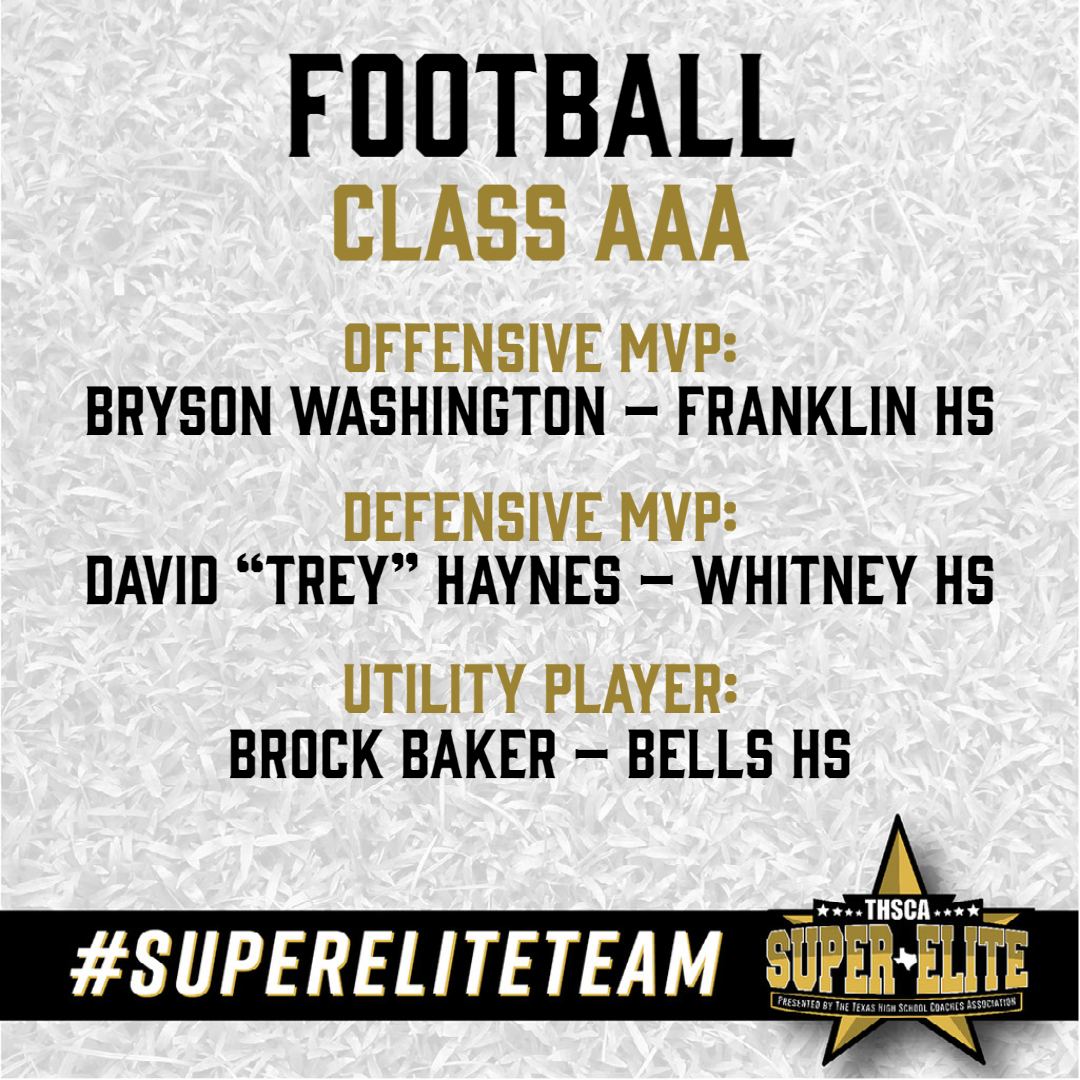 THSCAcoaches's tweet photo. We are thrilled to announce our first-ever THSCA Football Class AAA #SuperEliteTeam!💪Congratulations to these athletes for their admirable athletic achievements this season! https://t.co/o6jt4TgUbR
