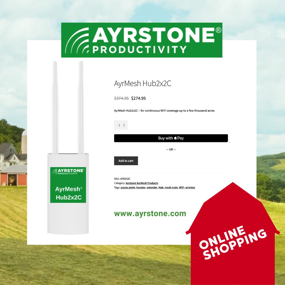Ayrstone's tweet image. WiFi is necessary to help rural homeowners, farmers, &amp;amp; ranchers extend WiFi outside the home/office &amp;amp; across their properties!

AyrMesh Hub 2X2C is our latest model, which is the shorter range of the Hub, suitable for smaller farms &amp;amp; properties ayrstone.com/www/product/ay…

#AgTwitter