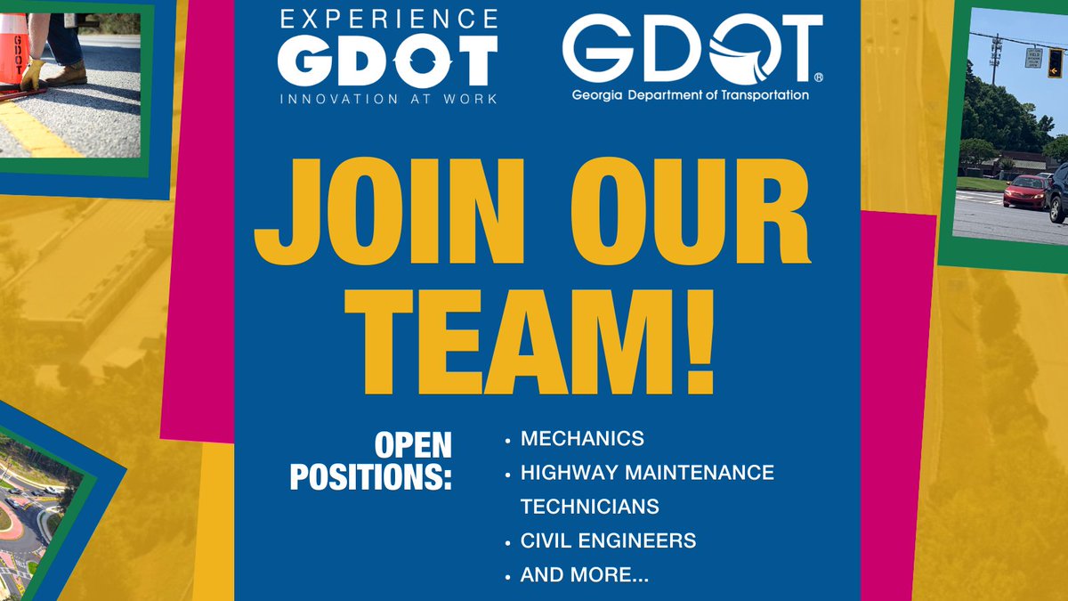 GADeptofTrans's tweet photo. Looking for a new career where you can make a difference? Georgia DOT has jobs in contract administration, engineering, project management, road maintenance, and much more. Grow with us! View job opportunities at https://t.co/kD2XHeeVwg
#ExperienceGDOT https://t.co/jAx6ttRZTA