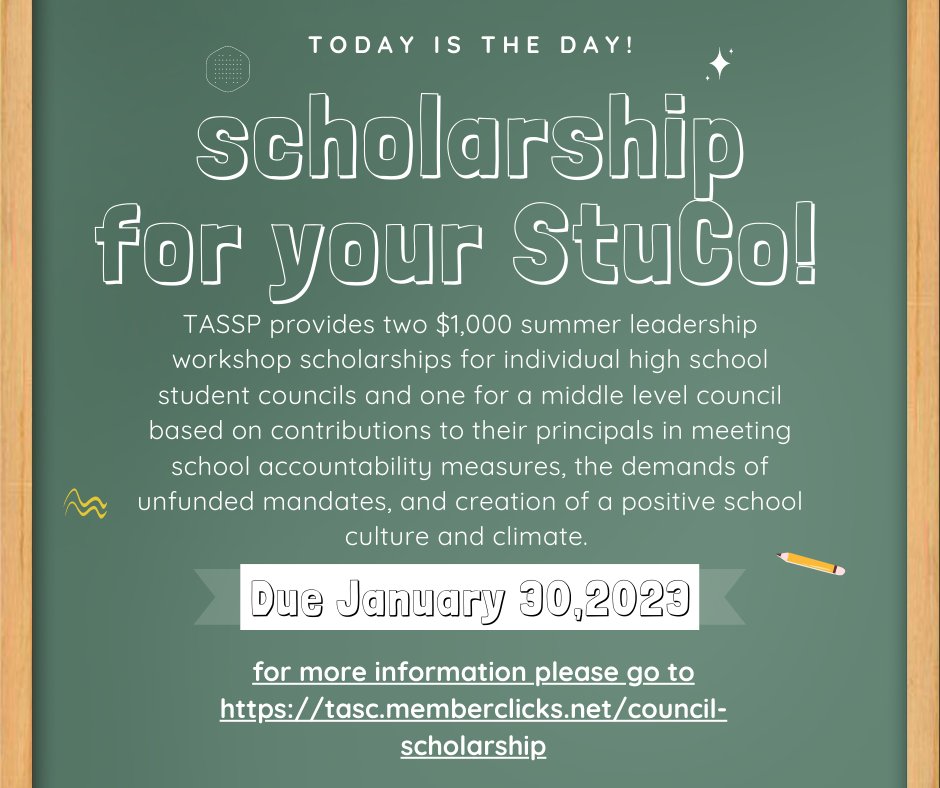 Today is the deadline to apply for the TASSP/TASC Student Council Scholarship! 😀 💲 tasc.memberclicks.net/council-schola…