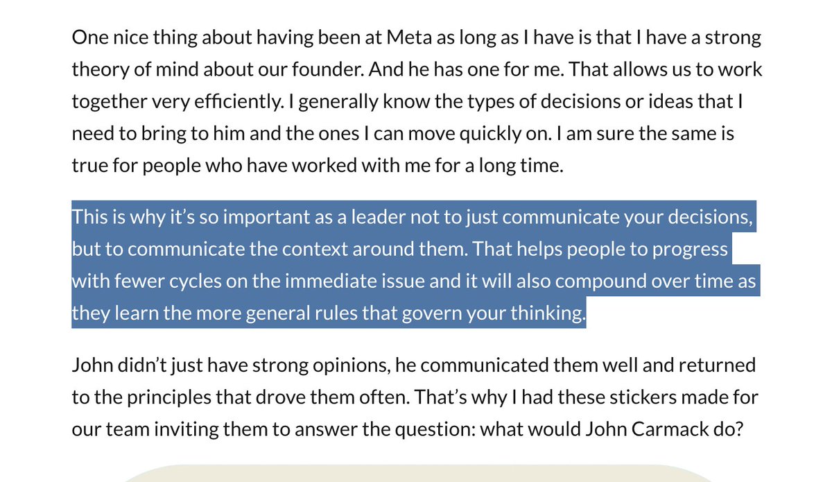 shreyas's tweet photo. This is such an important leadership principle from @boztank. Can confirm that the value of communicating *how* you arrived at a particular decision/perspective compounds over time.

I like to frame it as:
“Can I simulate the CEO’s thinking”
“Can my team simulate my thinking” https://t.co/0GmCLM3z6r