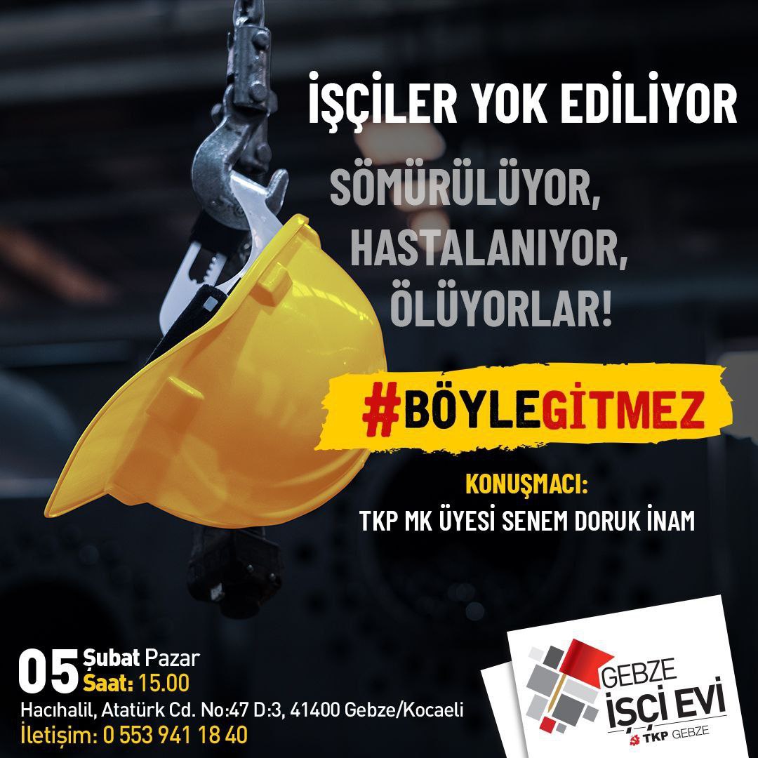 gebzeiscievi's tweet image. Bu ülkede işçiler var! Sömürülüyor, hastalanıyor, ölüyorlar; fakat bu #BöyleGitmez !

📢Böyle gitmez diyen işçiler sömürü düzenine karşı bir araya geliyor.

🗓️5 Şubat Pazar 
⏰15.00
🚩Gebze İşçi Evi