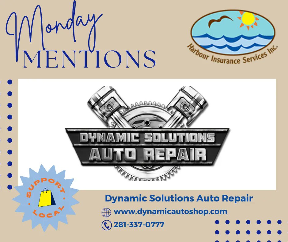 #MondayMentions  Dynamic Solutions in Dickinson TX. They are dedicated to automotive repair & committed to serving their community with quality and value. Contact them at 281-337-0777.
Let us help cut your personal or #BusinessInsurance costs. Visit myharbourinsurance.com today.