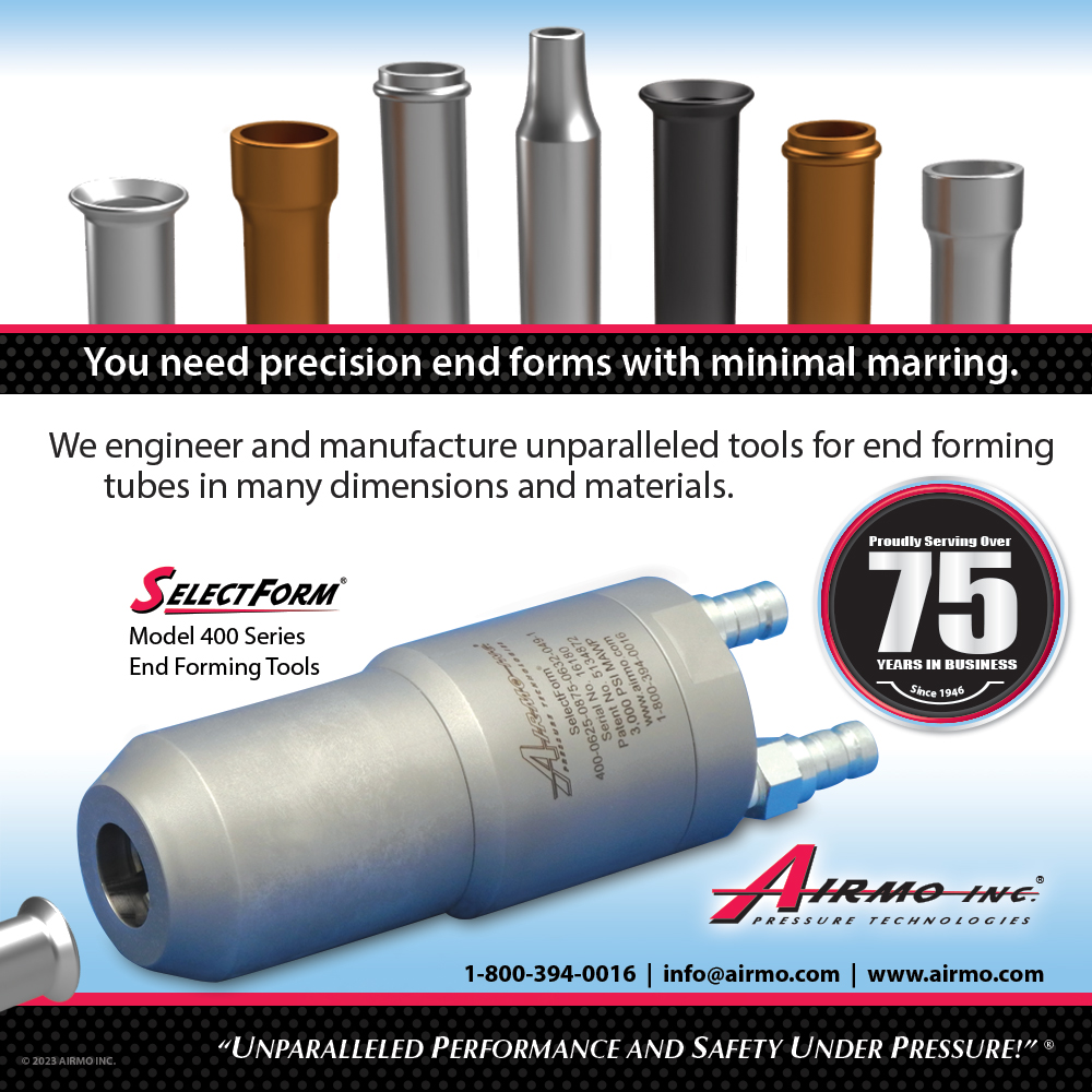 SelectForm® Endforming Tools are engineered to your unique tube specifications and produce precision endforms with minimal marring when powered by a SelectForm® Hydraulic Power Unit.

Learn more: airmo.com/selectform/

#endforming #tubeendforming #flaring #belling  #airmo