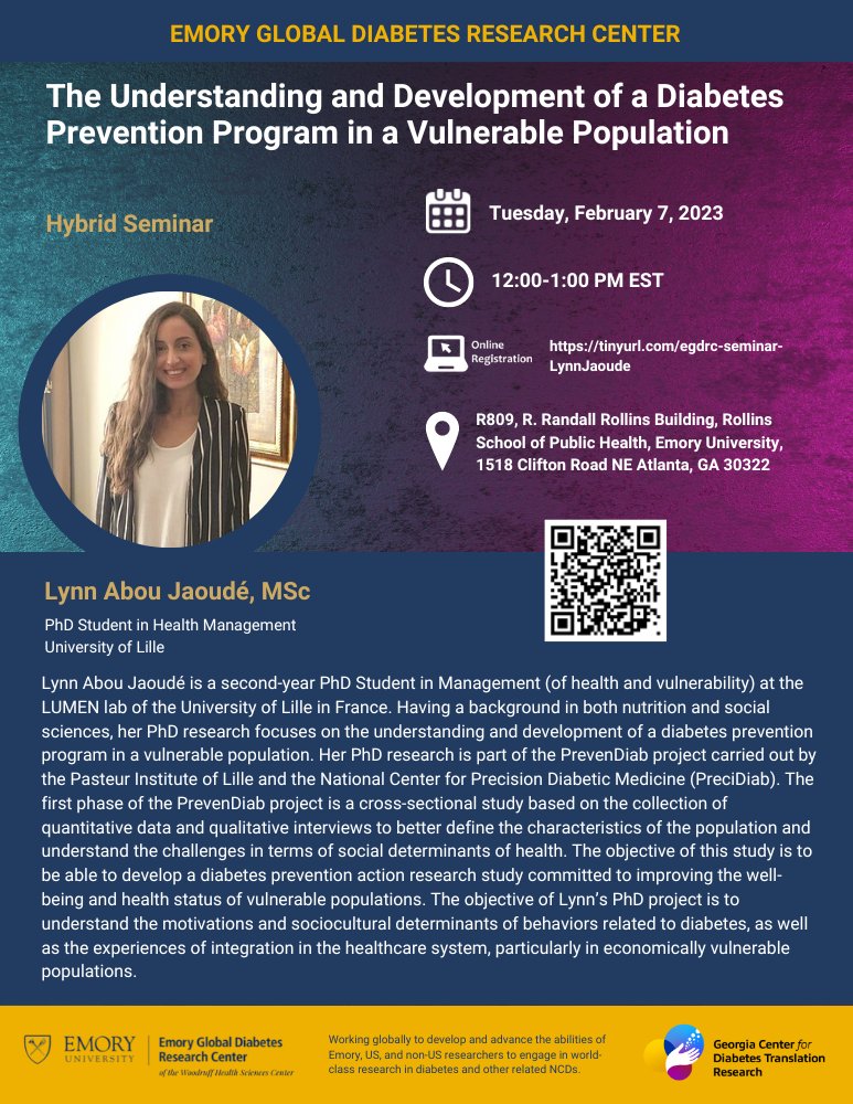 egdrc's tweet photo. Join us for our next hybrid seminar presentation "The Understanding and Development of a #Diabetes #Prevention Program in a Vulnerable Population", featuring a talk by Lynn Abou Jaoudé, MSc.

Tuesday, February 7, 2023 | 12:00-1:00 PM EST

Register Here: https://t.co/VW34ivyosN https://t.co/wkM6Ogq8X8