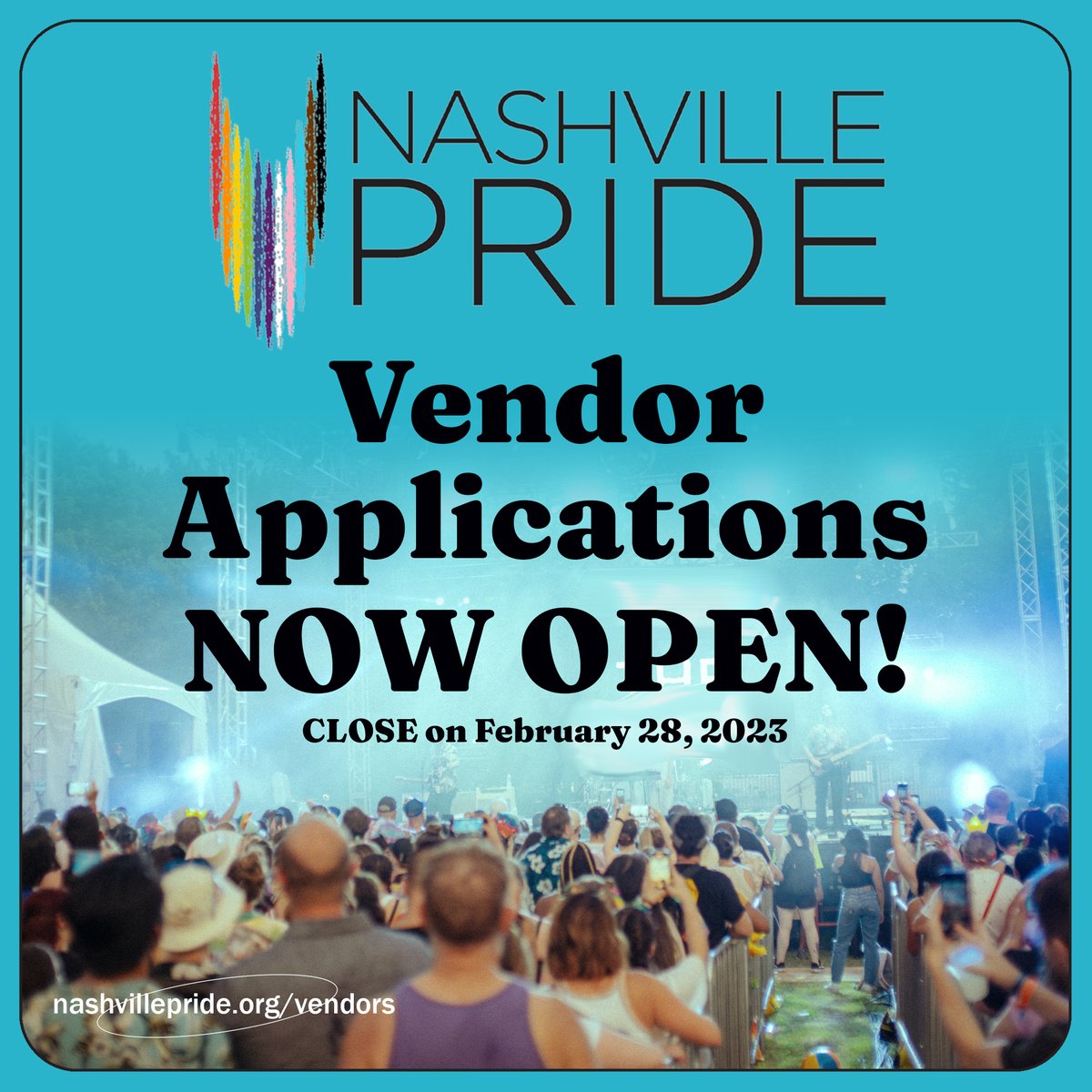 Vendor applications for 2023 are now open! 🥳 Nashville Pride Festival + Parade take place June 24th + 25th. 🏳️‍🌈 Apply before applications close Feb 28th at the following link — nashvillepride.org/vendors