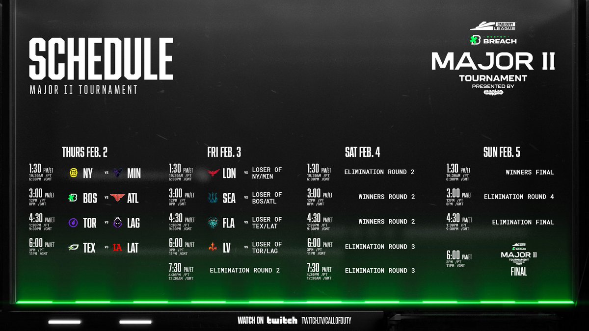 CODLeague's tweet image. Full slate for #CDL2023 Major II hosted by @BostonBreach. 

Which match do you have your eyes on? ⤵️