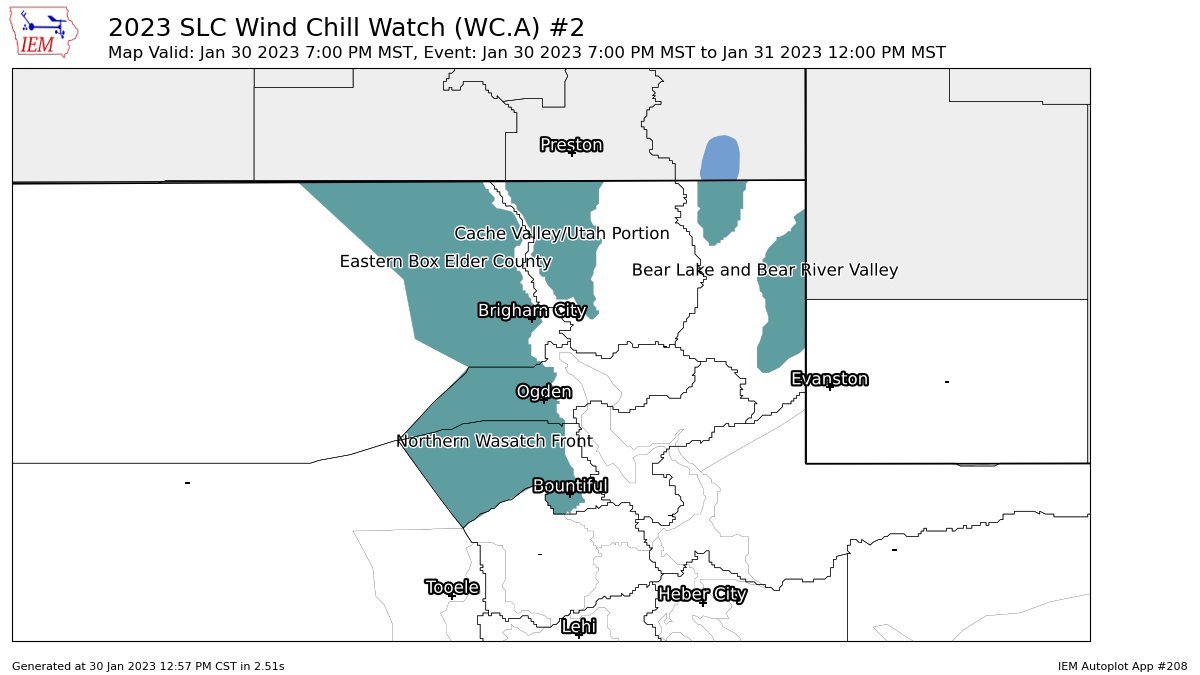 SLC continues Wind Chill Watch valid at Jan 30, 7:00 PM MST for Bear Lake and Bear River Valley, Cache Valley/Utah Portion, Eastern Box Elder County, Northern Wasatch Front [UT] till Jan 31, 12:00 PM MST mesonet.agron.iastate.edu/vtec/f/2023-O-…