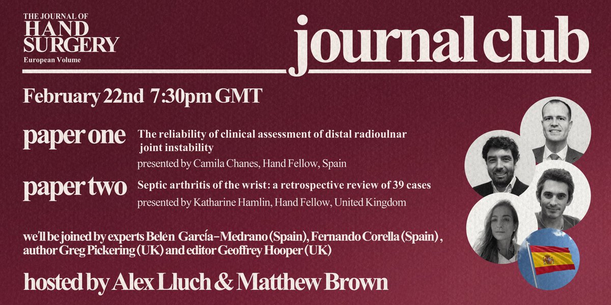 📣 The JHSE Journal Club returns on Feb 22nd, featuring guest nation Spain 🇪🇸! 

We’ll be joined by hosts Alex Lluch &amp; Matthew Brown @OrthoMattPod, along with experts Belén García-Medrano <a href="/dragmedrano/">Belén García Medrano</a> &amp; Fernando Corella <a href="/Dr_Corella/">Dr. Fernando Corella</a> + more

Sign up here: bssh.ac.uk/about/events/4…