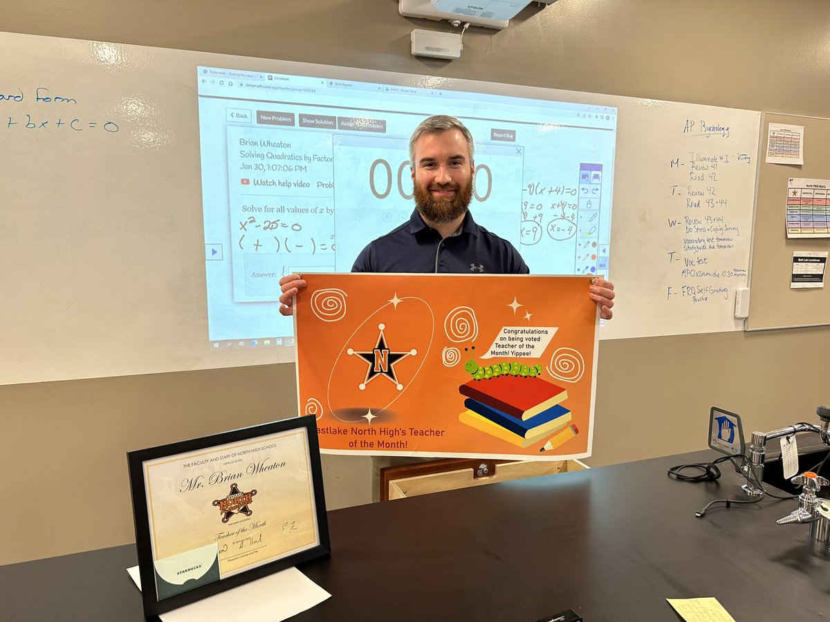 Congratulations to January teacher of the month (picked by students) Mr. Wheaton! Mr. Wheaton teaches Algebra 1 and Physical Science, and he loves teaching freshmen!