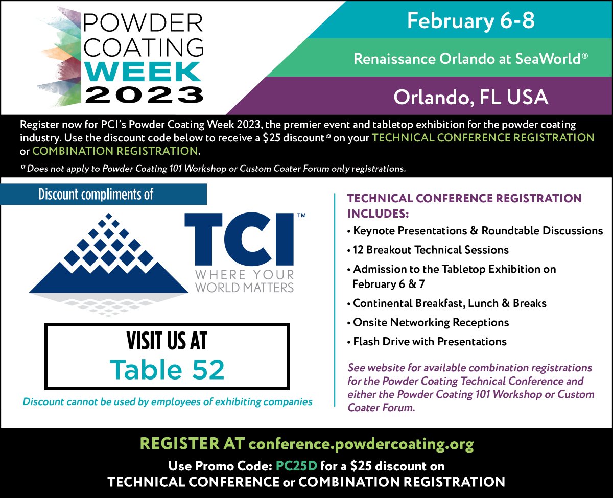 TCICoatings's tweet image. Plan on attending Powder Coating Week 2023 next week? Be sure to stop by table 52 to see what is new in the world of TCI ! conference.powdercoating.org

#powdercoating #technicalconference #orlando #exhibitors