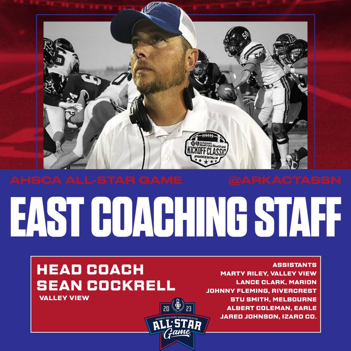 ArkActAssn's tweet photo. Congratulations to Valley View's @seanasu2000 and Charleston's @trickymay21 as they have been voted the head coaches of the 2023 AHSCA All-Star football game! https://t.co/amTby7tIRx