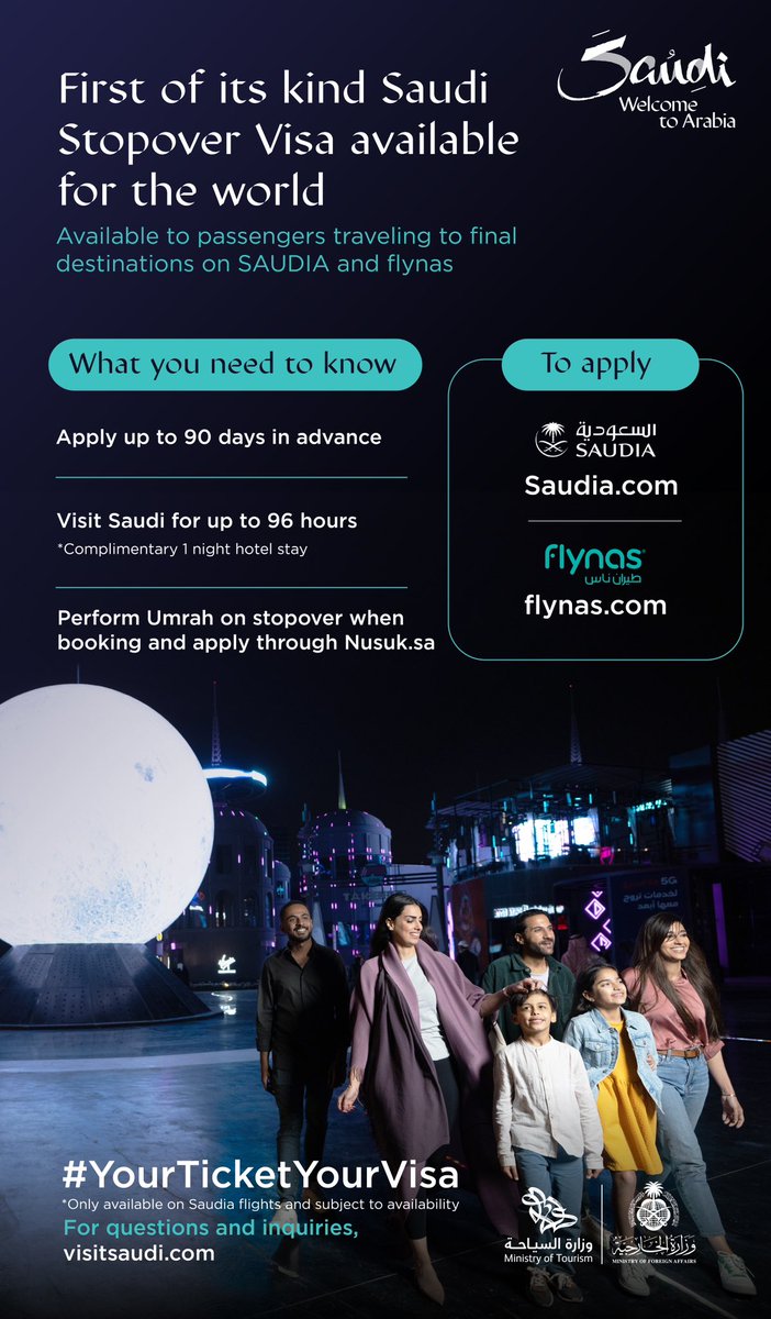 SaudiTourism's tweet photo. Our new 96-hour Stopover Visa is a landmark step for Saudi tourism, opening up Saudi to more international visitors than ever, and ensuring visitors can enjoy all that Saudi has to offer. 
#SaudiStopoverVisa https://t.co/M8qK94BsRe