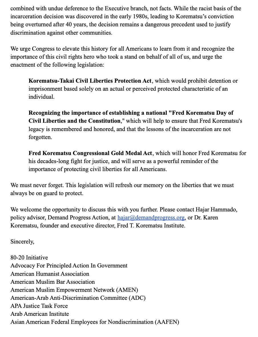 demandprogress's tweet photo. Today we joined @korematsu and 80+ orgs to endorse @RepMarkTakano @RepJillTokuda @maziehirono &amp; @SenDuckworth’s legislation honoring Fred Korematsu for his activism against US incarceration of Japanese Americans.

Congress must recognize Korematsu’s legacy as a civil rights hero! https://t.co/i9uwIZJTiH