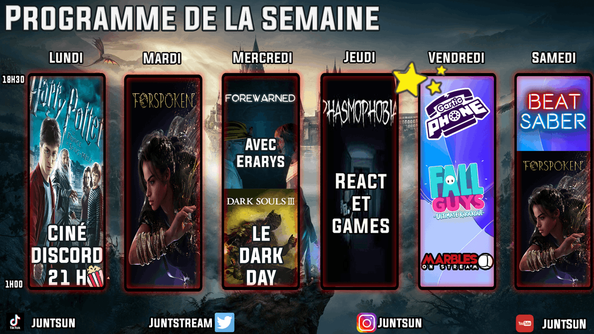 Juntstream's tweet photo. Hello Twitter, voici le planning de la semaine .
#Forspoken #forwarned #DarkSouls3 #Phasmophobia #GarticPhone #FallGuys #BeatSaber 

Partagez un max les copains pour plus de force <3 
#smallstreamers #twitchfr https://t.co/0rYak1SWZc