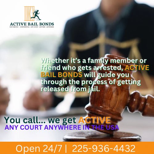 cornell_dukes's tweet photo. At Active Bail Bonds, we reunite friends and loved ones every day. Our friendly staff is happy to answer all questions you have regarding bail. Need to get out of jail quick. Call 225-936-4432 or visit us online at https://t.co/Y8VcJKVCmu -  24/7 including weekends and holidays. https://t.co/rLfEeIssgF