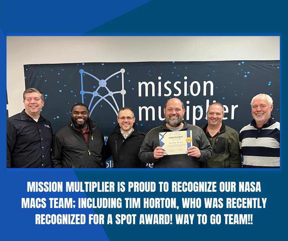 MissionMultiply's tweet photo. @MissionMultiplier is honored to celebrate the continued successes of our NASA AEGIS Program support team. In particular, we would like to recognize Tim Horton for his outstanding contributions to support the NASA mission and the receipt of his well-deserved SPOT AWARD. Go, team! https://t.co/j9YfOiDE8U