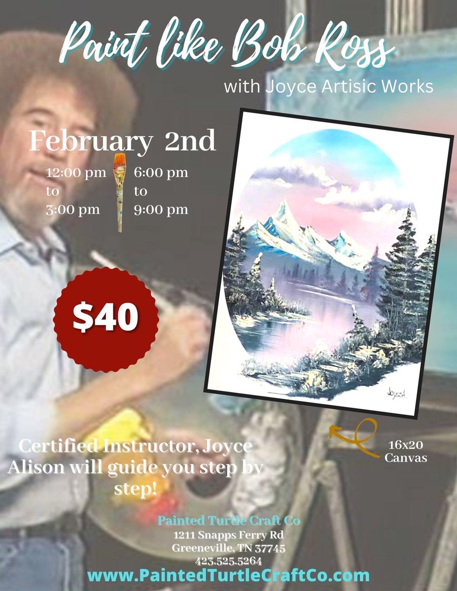 We have 10 open spots for out 12-3 class, and only 4 left for our 6-9 class!  Hurry and register before they are filled!
#paintedturtlecraftco#paintedturtlecrafts#paintparties#GreeneCounty#greenevilletn#bobross#certifiedbobrossinstructor#bobrossstyle