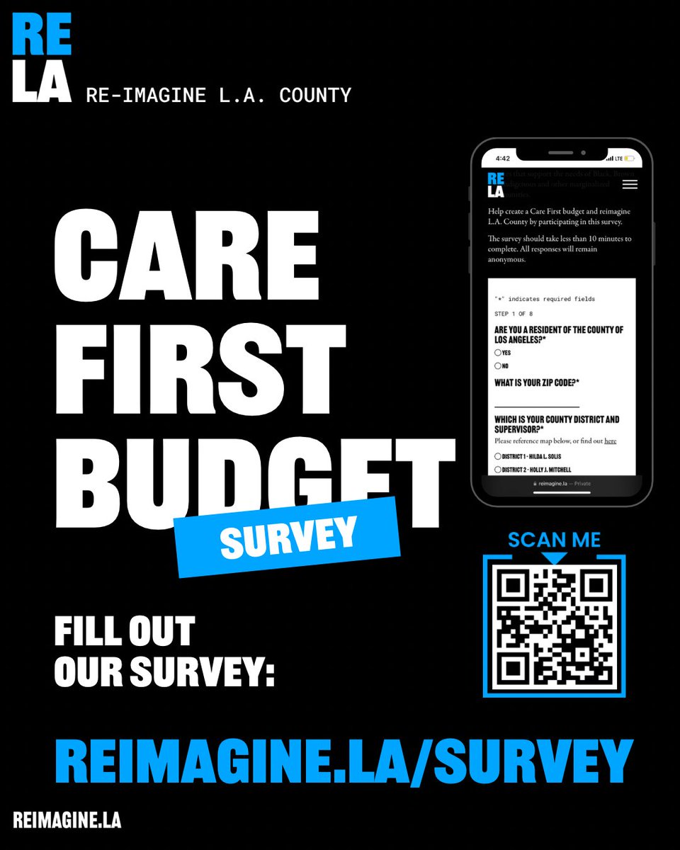 LA’s budget is public money. The community should have a seat at the table. Join @ReImagine_LA in filling out the #CareFirst Budget Survey at reimagine.la/survey to advocate for a budget that is created by our us for our us!

#ParticipatoryBudgeting #CareFirstBudget