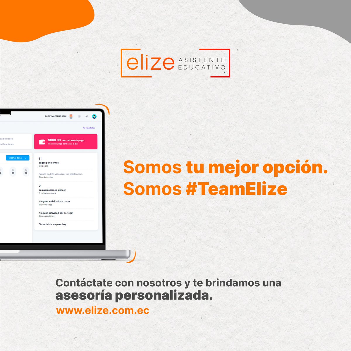 elize_ec's tweet photo. 👩🏽‍🏫👨🏽‍🏫Estás a un clic de transformar tú institución a la mejor versión⚙️💻📲

Contáctate con nosotros al:
📞 Teléfono: 099795172 - 0982104735
📧 Correo: info@elize.com.ec

#software #educación #innovación #AsistenteEducativo https://t.co/HY2ybpyVh9