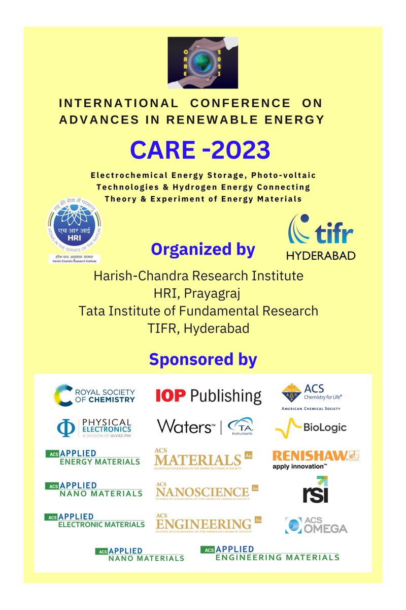 1st International Conference at Harish-Chandra Research Institute Prayagraj <a href="/AllahabadHri/">HRI Allahabad (Prayagraj)</a> in post-covid era!care2023.tifrh.res.in 
<a href="/TIFRH_buzz/">TIFR Hyderabad</a> <a href="/IndiaDST/">DSTIndia</a> <a href="/DAEIndia/">DAE India</a> <a href="/ACSPublications/">ACS Publications</a> <a href="/RoySocChem/">Royal Society of Chemistry</a> <a href="/SudipLab/">Sudip Chakraborty</a> <a href="/satish_ogale/">Satish Ogale</a> <a href="/SarbajitBanerj1/">Sarbajit Banerjee</a> <a href="/PriyaMahadevan/">Priya</a> <a href="/AngshumanNag4/">Angshuman Nag</a> <a href="/m_shaijumon/">Shaijumon M M</a>