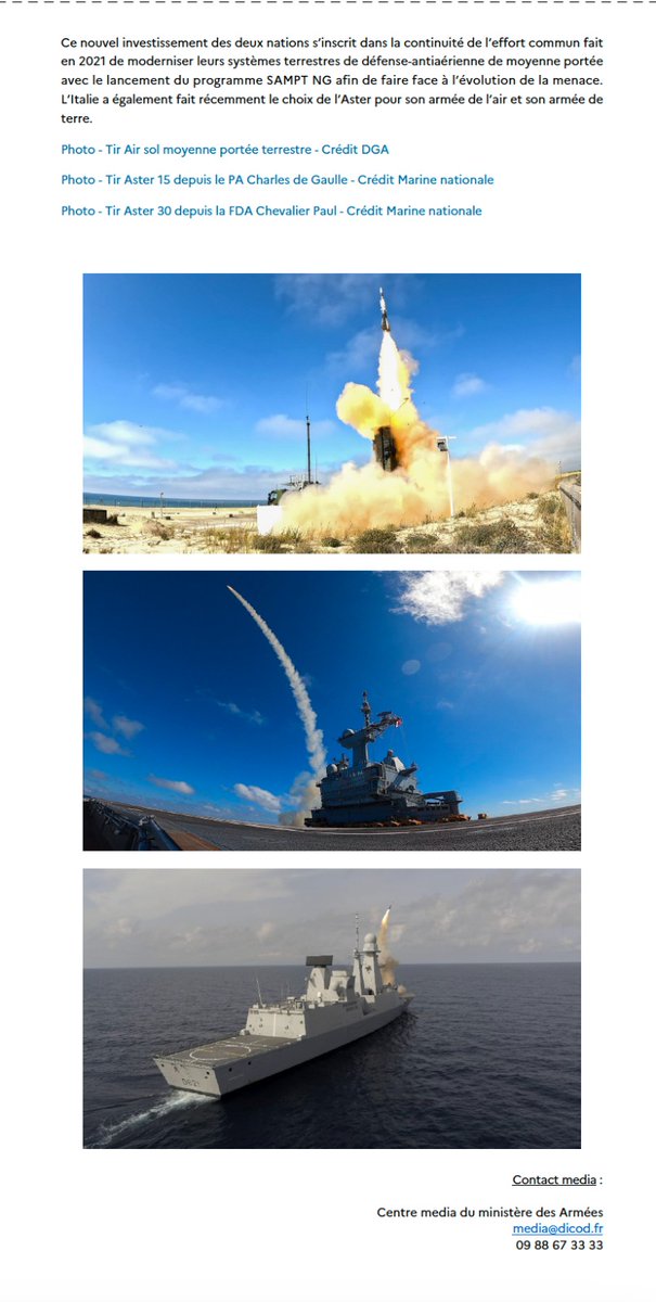 Armees_Gouv's tweet photo. Le ministère des #Armées 🇫🇷 lance en coopération avec l’Italie 🇮🇹 l’acquisition de missiles Aster pour renforcer leurs systèmes de défense antiaérienne.
Pour en savoir plus, voir le communiqué de presse ⤵️
#EuropeDéfense https://t.co/suqWlcw8we