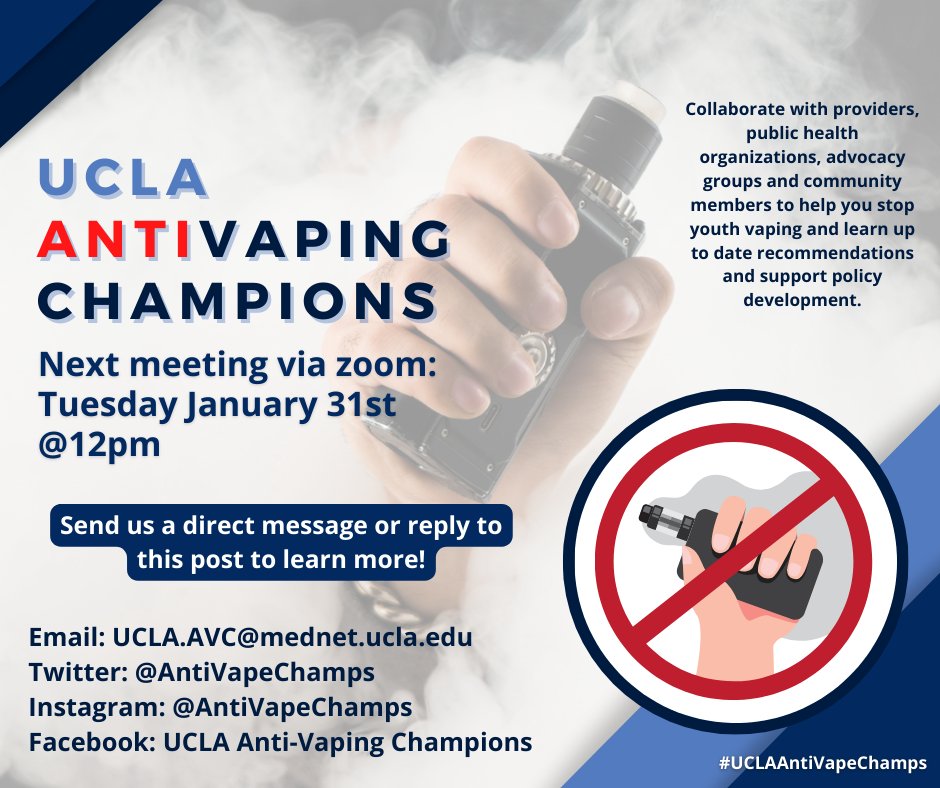 Task Force Meeting tomorrow January 31st at 12pm ! If you would like to join, message us and we will send the link ! 

TUESDAY JANUARY 31ST @ 12 PM

#DonotVape #AntiVaping #DontVape #UCLAHealth #CAHealth #Tobacco #Vaping