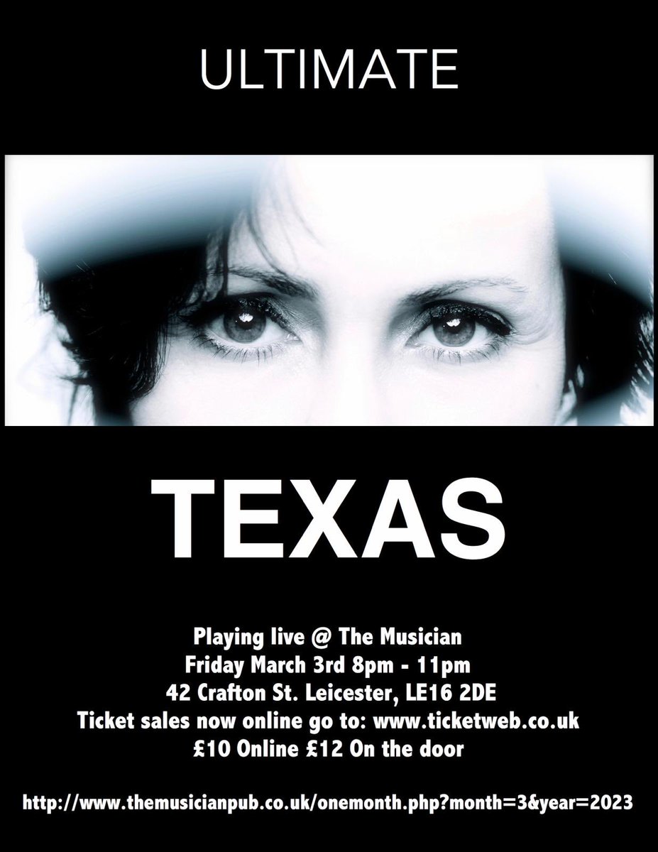 Come and join us for #UltimateTexas at @MusicianVenue⁩ w/ bassist @RainerNathan⁩⁩ on 3rd March🎶

🎟️Tx ticketweb.uk/event/ultimate…

Retweet ⁦@deanjacksondj⁩ ⁦@WhatsonHFM⁩ ⁦@sharspiteri⁩ ⁦@leicslive⁩ 

#musicinleicester #femalelead #texas #leicester