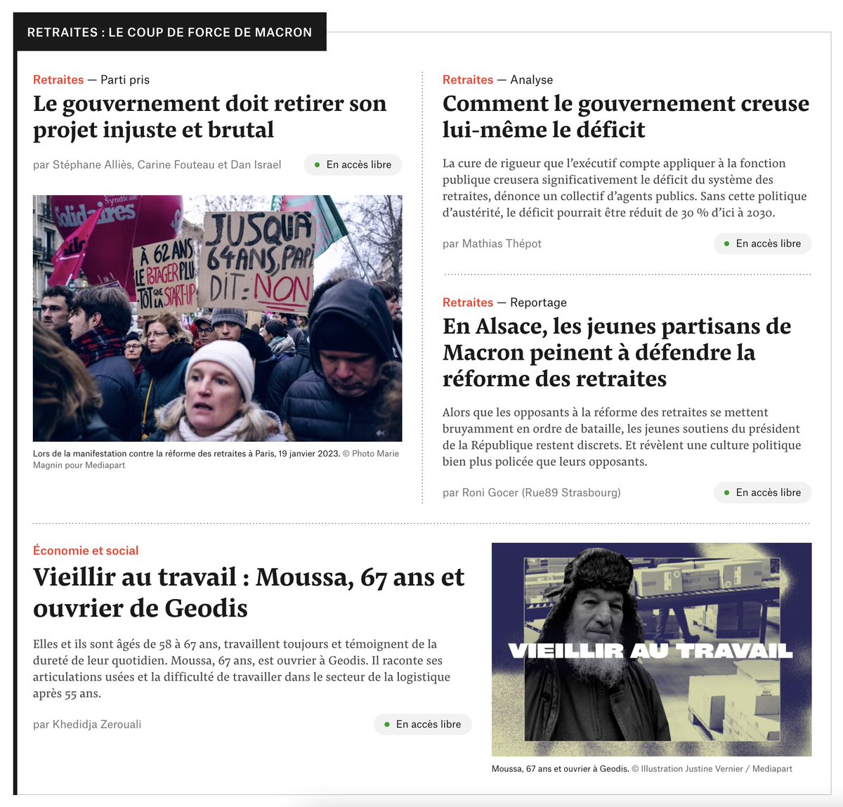 En solidarité avec le mouvement de grève et de manifestation contre une réforme injuste et brutale, <a href="/Mediapart/">Mediapart</a> met en accès libre tous ses articles sur les #Retraites [Que ça n'empêche pas de vous abonner car nous ne vivons que de votre fidélité. 😉✊🙏]
▶️mediapart.fr