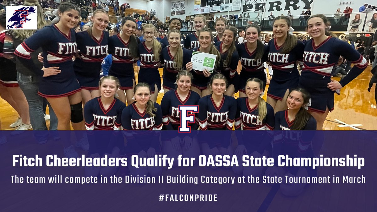 Fitch cheerleading team moves on to OASSA State Championship after qualifying in the Division II Building Category at Northeast Regional Qualifier #FalconPride