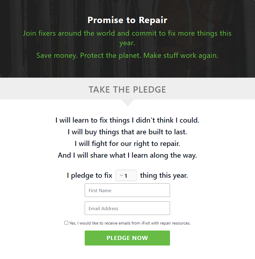 iFixit (@ifixit) on Twitter photo The time has come to take the pledge to repair your products this year instead of adding to electronic waste! But remember, before you sign, your e-signature is your bond. 🤝 🛠
bit.ly/3XKFO73
—
#iFixit The time has come to take the pledge to repair your products this year instead of adding to electronic waste! But remember, before you sign, your e-signature is your bond. 🤝 🛠
bit.ly/3XKFO73
—
#iFixit