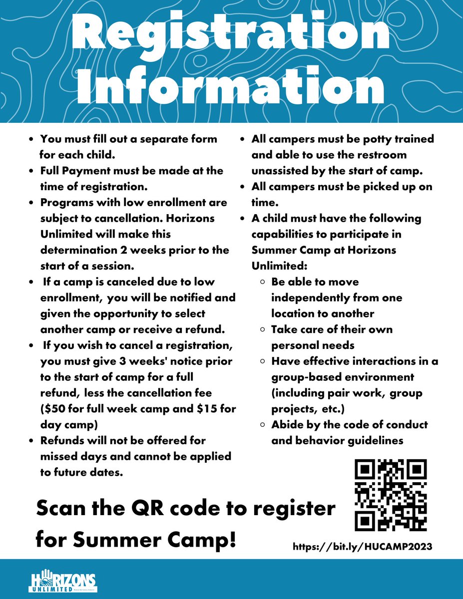 Horizons Unlimited is excited to announce our amazing line up of Summer Camps this year! Join us for an awesome summer filled with lots of laughter, excitement and adventures! 🌿☀️ 
We only have limited spots in each camp, so sign up quick at bit.ly/HUCAMP2023