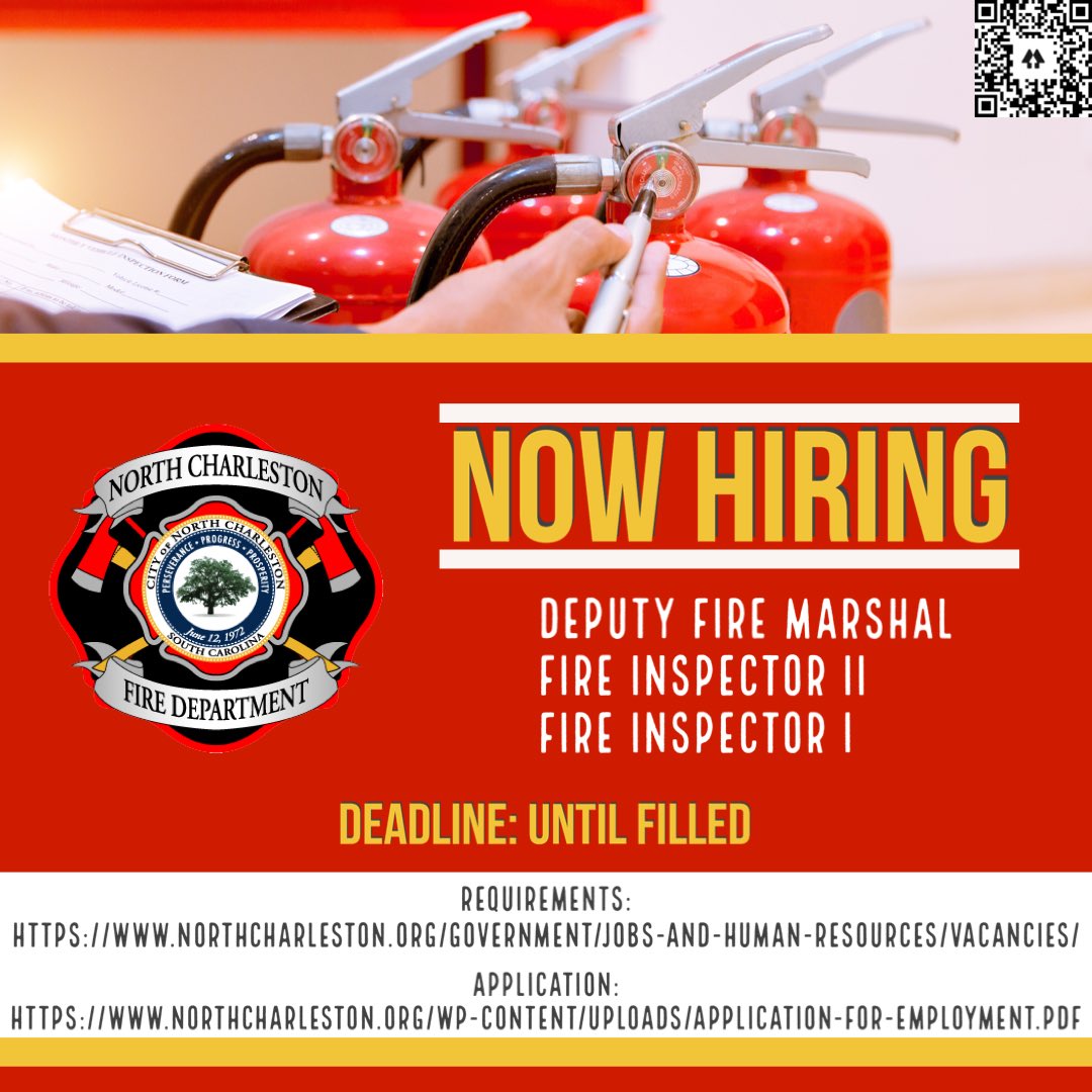 NCFDSC's tweet image. NCFD is expanding the #FireMarshal Bureau. Accepting internal &amp;amp; external applications for the following positions:
-Deputy Fire Marshal
-Fire Inspector II
-Fire Inspector I

Requirements: northcharleston.org/government/job…

Application: northcharleston.org/wp-content/upl…

#fireinspector #hiring