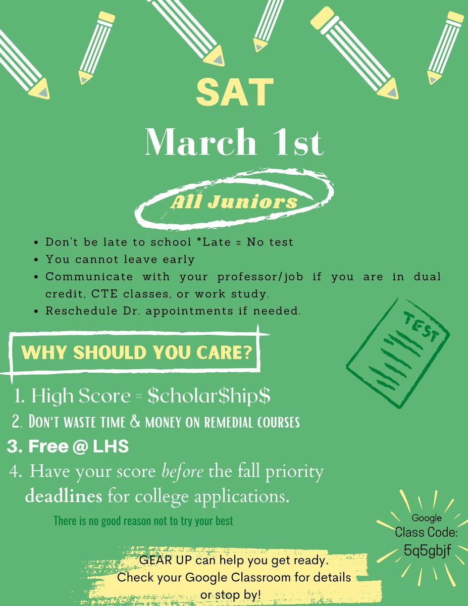 GEARUPLISD's tweet photo. It's time to spring into action with the SAT! All Juniors will be taking the SAT on March 1st at LHS. 
Be prepared to do your best - let GEAR UP give you the tools for success! https://t.co/8nnCkBZLqG