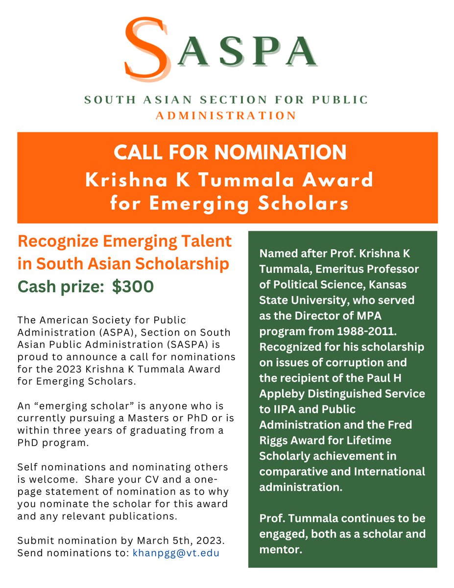 SASPA (@saspa_aspa) on Twitter photo Deadline is approaching! Be sure to send your nominations for the 2023 Krishna K Tummala Award for Emerging Scholars by March 5.
<a href="/ASPANational/">ASPA National</a> Deadline is approaching! Be sure to send your nominations for the 2023 Krishna K Tummala Award for Emerging Scholars by March 5.
<a href="/ASPANational/">ASPA National</a>