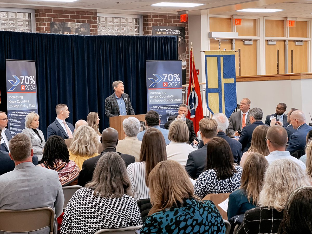 UT_President's tweet photo. Knox county is poised to lead the state in the percentage of high school students accessing a high-quality credential after high school, with a new goal of a 70% college-going rate by 2024. 

To join the effort, please visit https://t.co/HGvy9L1aYq https://t.co/v4zVK5ihWj
