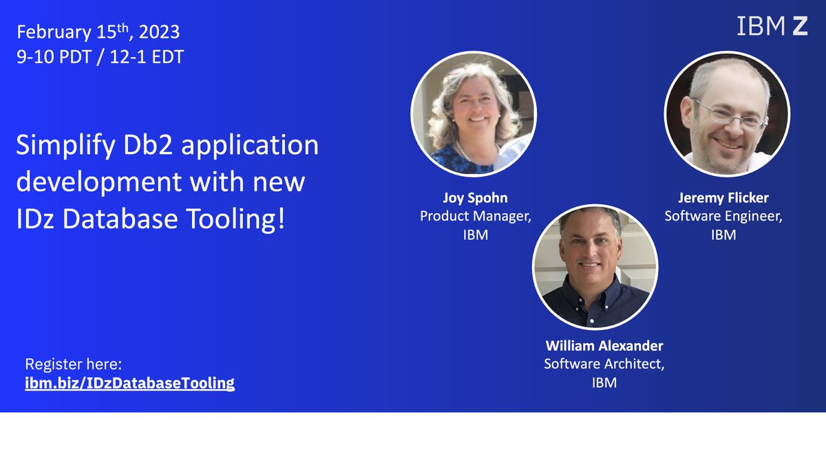 JoySpohn's tweet photo. #IDz and #IDzEE 16.0 introduced new Db2 Data Tooling.  Join Bill Alexander, Jeremy Flicker and I for an intro and demo.  Looking forward to hearing your feedback!  Register at https://t.co/RaKJS5Trla  #zOS #mainframemodernization #mainframedeveloper #wazicode https://t.co/qmRx2vyjQ7
