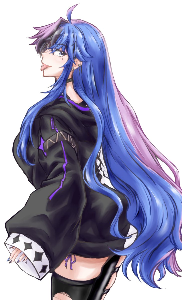 1girl black hoodie black thighhighs blue hair choker hair behind ear hood  illustration images