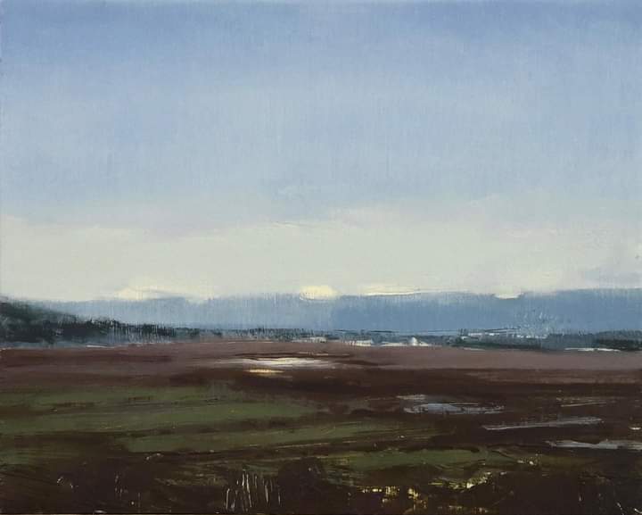 Painted from a knoll, high up on a hillside looking out over the panorama of a river valley and water meadow in a conservation area. Winter sunset through a still sky with sheer light caught on winter brooks. 
#wintersun #landscapes 
#enpleinair
#sussex #art #oilpainting