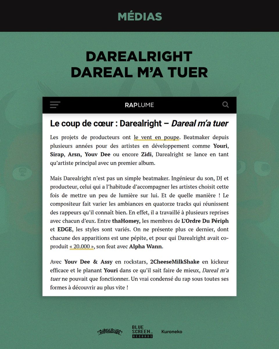 BlueScreen_Rec's tweet image. Album de @darealrightvrai dispo depuis vendredi et déjà 115k streams juste sur le week-end 🙏🏻🔥

Merci à Deezer (s/o @narjesbahhar) &amp;amp; Apple Music (s/o @MehdiMouse) pour les ajouts en playlists et big up @raplume pour l’article coup de cœur 🫶🏻

 🔗 bluescreen.lnk.to/darealmatuertw