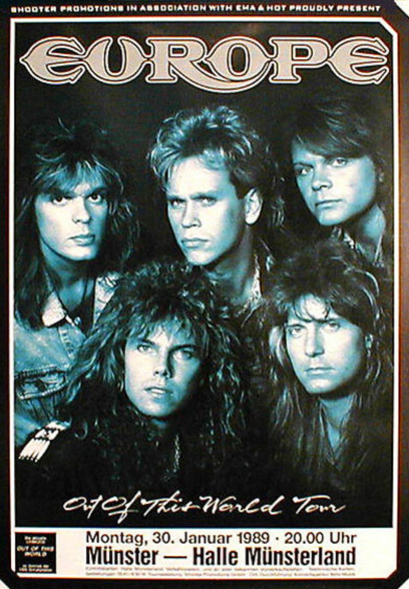 January 30, 1989: Europe brought the 'Out Of This World Tour' to Münster, Germany. Listen for Europe on HAIR BAND RADIO metalshoprocks.torontocast.stream/listen-hair-ba… #80sHairBands #80sRadio #HairBandsRadio #EuropeBand