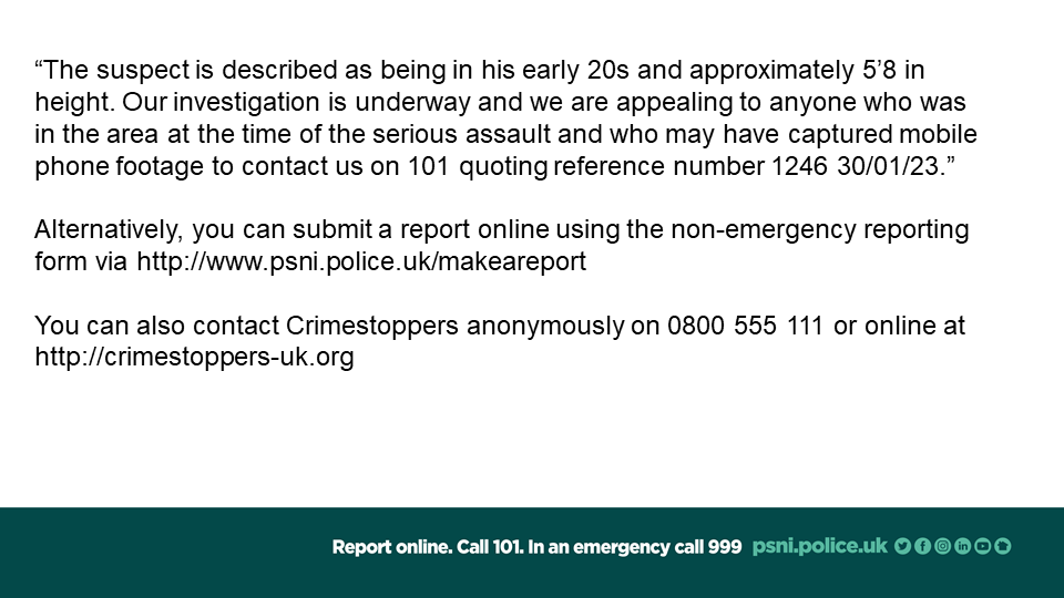 PSNIBelfastS's tweet photo. We are appealing for information and witnesses after a man was stabbed in Botanic Gardens earlier this afternoon, Monday January 30th. https://t.co/bdcymAYh9P